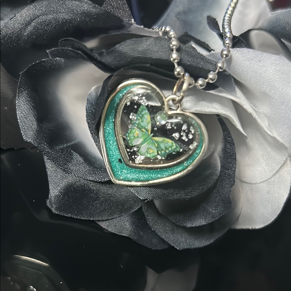 Silver Clear and Green Heart Resin Pendant w/Free Necklace